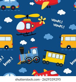 Cute Cartoon Vehicles Seamless Pattern. Cartoon transportation background. Ideal for kids' fabric, textile, wrapping, and apparel.