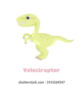 Cute cartoon Velociraptor isolated on white. Funny vector dinosaur. Simple flat illustration.
