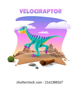 cute cartoon velociraptor on sand desert mountains natural landscape