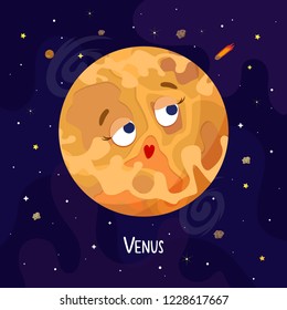 Cute Cartoon Venus  Planet Character. Space Vector Illustration