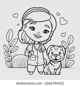 cute cartoon veterinary nurse smiling with a dog