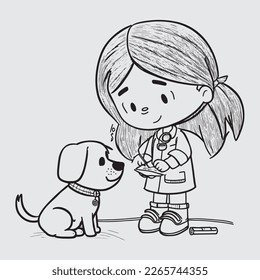 cute cartoon veterinary nurse smiling with a dog