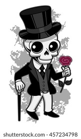 Cute cartoon victorian skeleton with flower and stick.