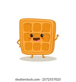 Cute cartoon Viennese waffle isolated on white. Funny fast food dessert character. Vector illustration.