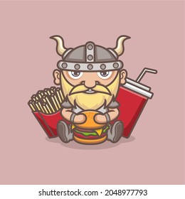 cute cartoon viking character with burger. vector illustration for mascot logo or sticker