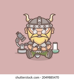 cute cartoon viking character doing research with chemicals. vector illustration for mascot logo or sticker