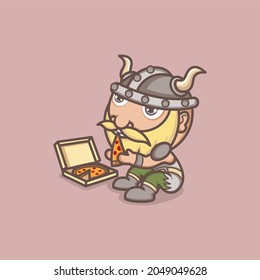 cute cartoon viking character eating pizza. vector illustration for mascot logo or sticker