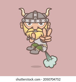 cute cartoon viking character ejects with fart power. vector illustration for mascot logo or sticker