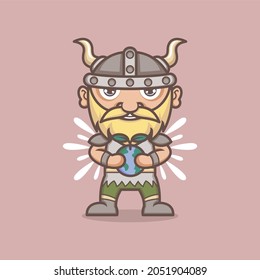 cute cartoon viking character holding globe with plant shoots. vector illustration for mascot logo or sticker