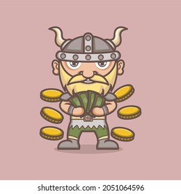 cute cartoon viking character with money and coins. vector illustration for mascot logo or sticker