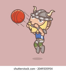 cute cartoon viking character playing basketball. vector illustration for mascot logo or sticker