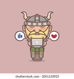 cute cartoon viking character playing social media on laptop. vector illustration for mascot logo or sticker
