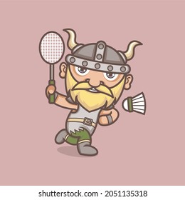 cute cartoon viking character playing badminton. vector illustration for mascot logo or sticker