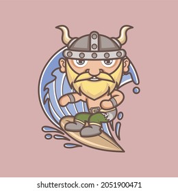 cute cartoon viking character playing surfing on the waves. vector illustration for mascot logo or sticker