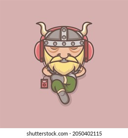 cute cartoon viking character relaxing listening to music. vector illustration for mascot logo or sticker