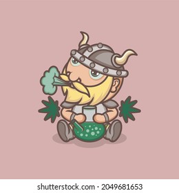 cute cartoon viking character smoking weed. vector illustration for mascot logo or sticker