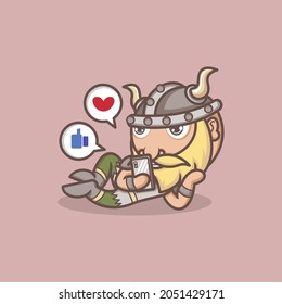 cute cartoon viking characters playing social media on mobile phones. vector illustration for mascot logo or sticker
