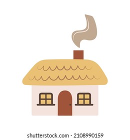 Cute cartoon village hut. Little doodle house. Rural life item. Thatched roof, smoke chimney. Beautiful farmer icon. Simple flat illustration for design of stickers, children's games, clothing prints.