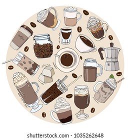 Cute cartoon vintage pattern with coffee, cup, sweets in vector. 