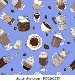 Cute cartoon vintage seamless pattern with coffee, cup, sweets in vector. Pattern can be used for surface textures, wallpaper, pattern fills, web page background.