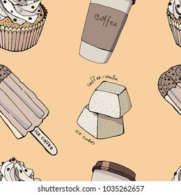 Cute cartoon vintage seamless pattern with coffee, cup, sweets in vector. Pattern can be used for surface textures, wallpaper, pattern fills, web page background.