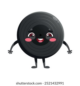 Cute cartoon vinyl record character. Vinyl disk, gramophone record mascot character in childish style. Vector illustration