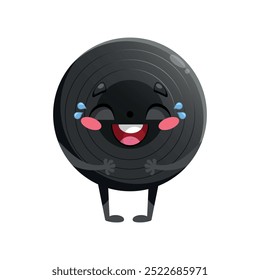 Cute cartoon vinyl record character is laughing. Vinyl disk, gramophone record mascot character in childish style. Vector illustration