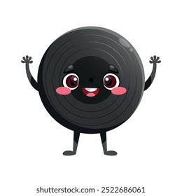 Cute cartoon vinyl record character is smiling. Vinyl disk, gramophone record mascot character in childish style. Vector illustration