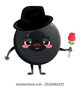 Cute cartoon vinyl record character in hat is holding a rose. Vinyl disk, gramophone record mascot. Vector illustration