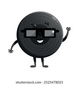 Cute cartoon vinyl record character wearing sunglasses. Vinyl disk, gramophone record mascot character in childish style. Vector illustration