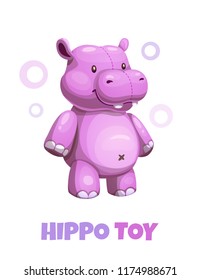 Cute cartoon violet hippo textile stuffed toy. Vector baby plush toy icon. Isolated on white background.