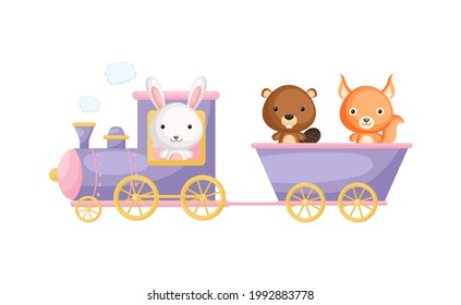 Cute cartoon violet train with hare driver and beaver, squirrel on waggon on white background. Design for childrens book, greeting card, baby shower, party invitation, wall decor. Vector illustration.
