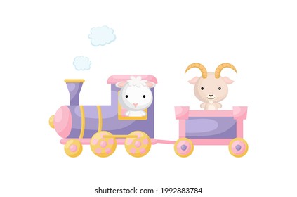 Cute cartoon violet train with sheep driver and goat on waggon on white background. Design for childrens book, greeting card, baby shower, party invitation, wall decor. Vector illustration.