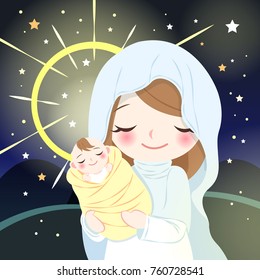 cute cartoon virgin mary with baby Jesus