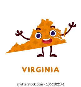 Cute cartoon Virginia state character clipart. Illustrated map of state of Virginia of USA with state name. Funny character design for kids game, sticker, cards, poster. Vector stock illustration.