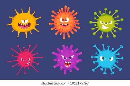 Cute cartoon viruses. Bacteria emotional faces scared emoticons devil toys biology colorful virus exact vector illustrations