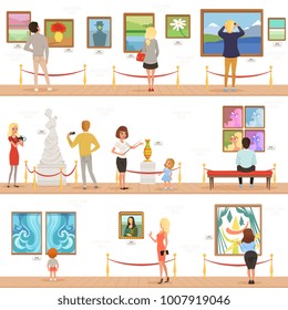 Cute Cartoon Visitors And Guide Characters In Art Museum. People Admire Paintings And Sculptures In The Gallery. Vertical Flat Banners. Vector Illustration.