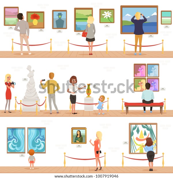 Cute cartoon visitors and guide\
characters in art museum. People admire paintings and sculptures in\
the gallery. Vertical flat banners. Vector\
illustration.