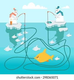 Cute cartoon visual puzzle,maze game with two polar bears fishing. Find out who is catching the gold fish.Vector illustration for children preschool education. Vector illustration