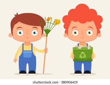 Cute Cartoon Volunteers Cleaning Streets. Vector Illustration