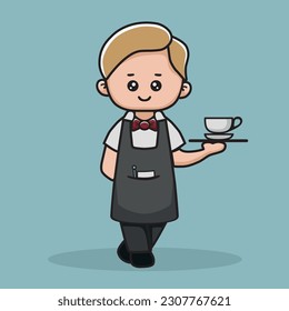 cute cartoon waiter boy with a tray and a mug of tea or coffee