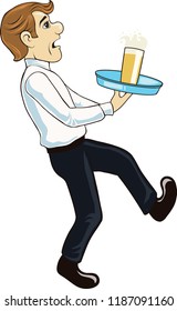 Cute and cartoon waiter trying to serve beer. Vector illustration