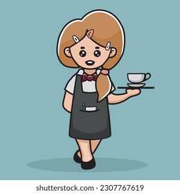 cute cartoon waiteress girl with a tray and a mug of tea or coffee