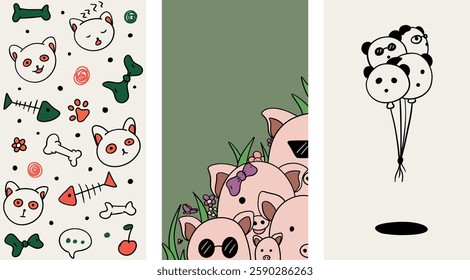 Cute cartoon wallpaper background. Pig, cat, and panda poster design. Vector illustration