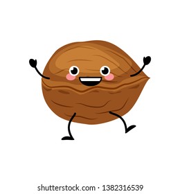 Cute cartoon walnut vector illustration isolated on white background. 