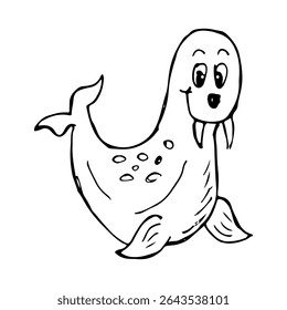 Cute cartoon walrus drawing for kids, animal vector clip art.