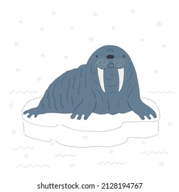 Cute cartoon walrus, northern landscape, isolated. Hand drawn vector illustration. Winter animal character. Arctic wildlife. Design concept for kids fashion, textile print, poster, card, baby shower.