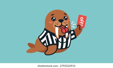 Cute cartoon walrus referee illustration wearing a striped jersey, blowing a whistle and holding a red card on a blue background. Ideal for sports, penalty, and humorous concepts.