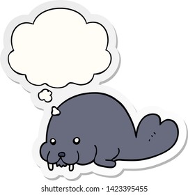 cute cartoon walrus with thought bubble as a printed sticker