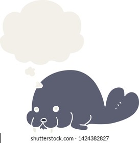 cute cartoon walrus with thought bubble in retro style